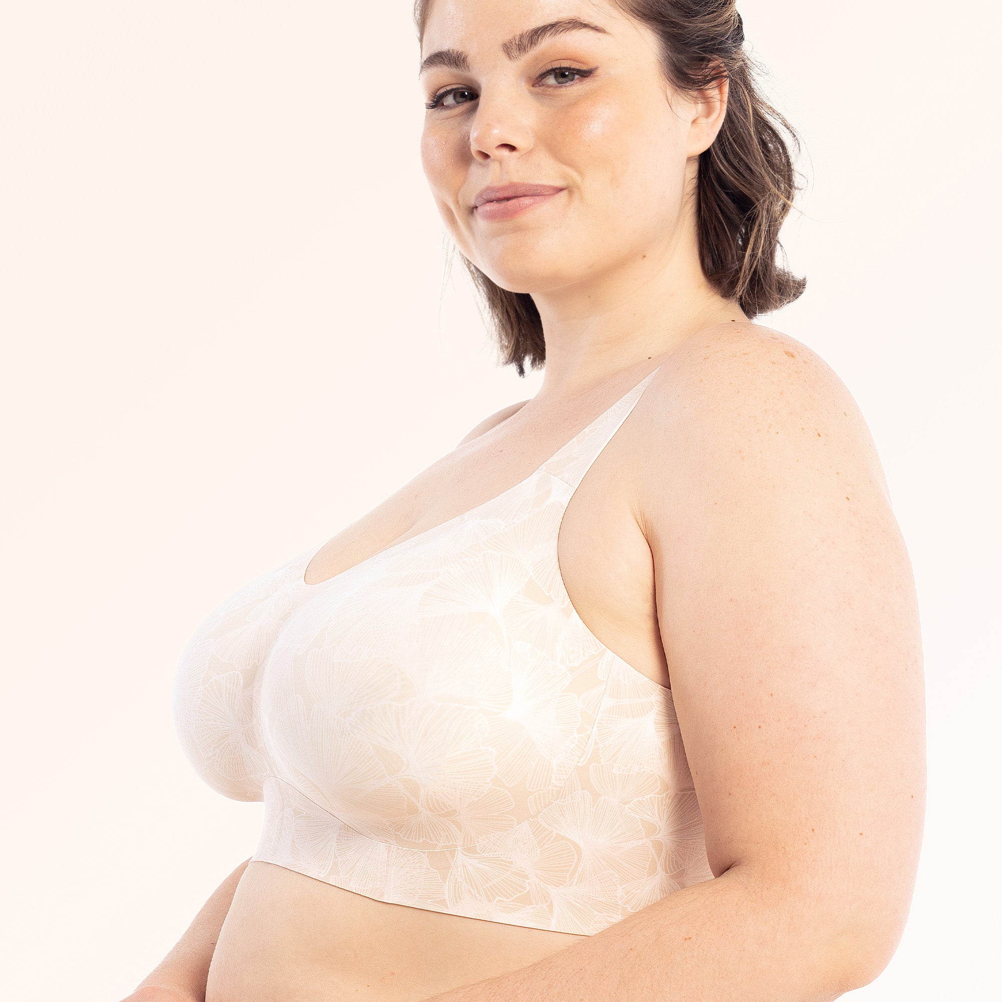 All Color: Champagne Ginkgo | flexible band hook and eye wireless bra for large busts