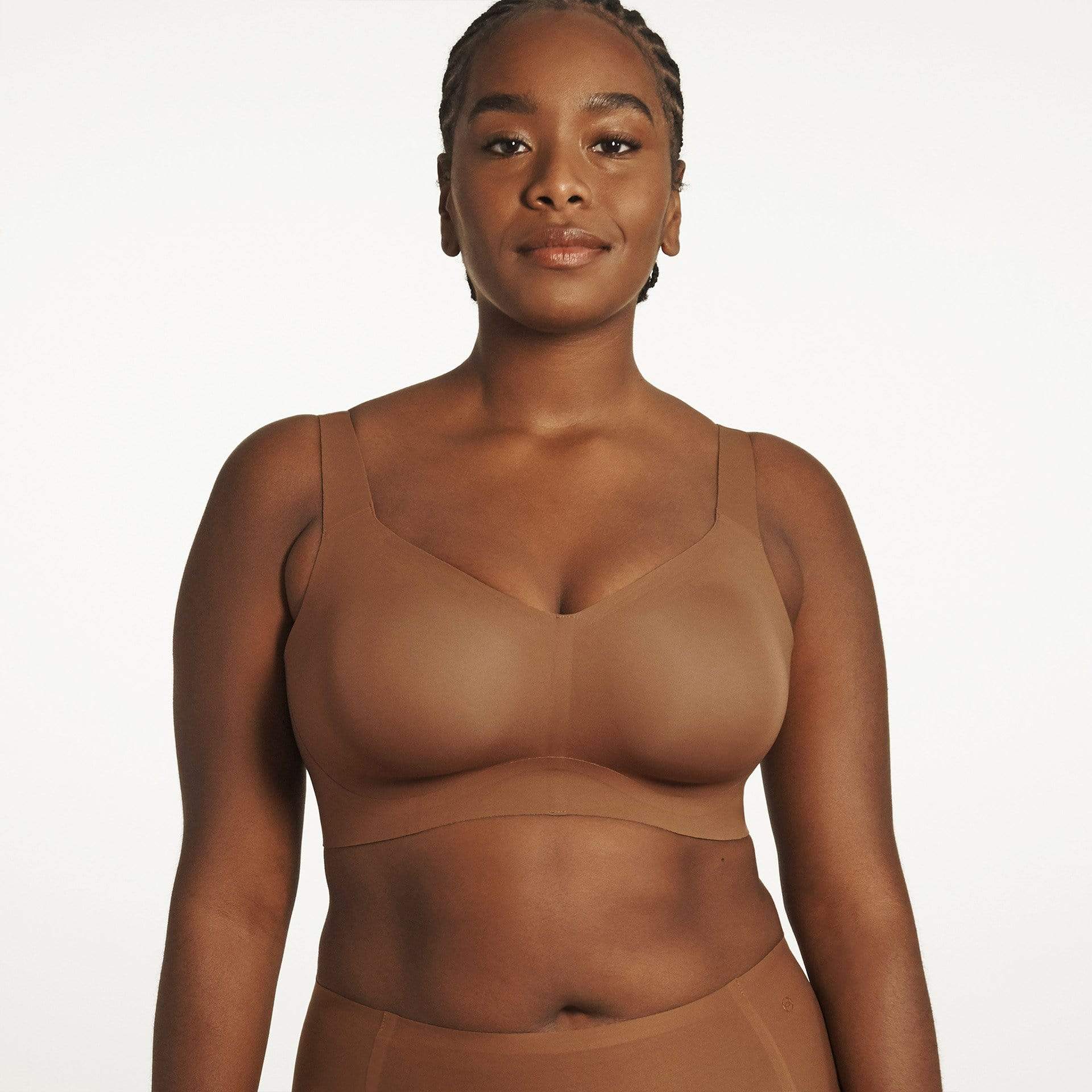 All Color: Clay | flexible band hook and eye nude brown wireless bra